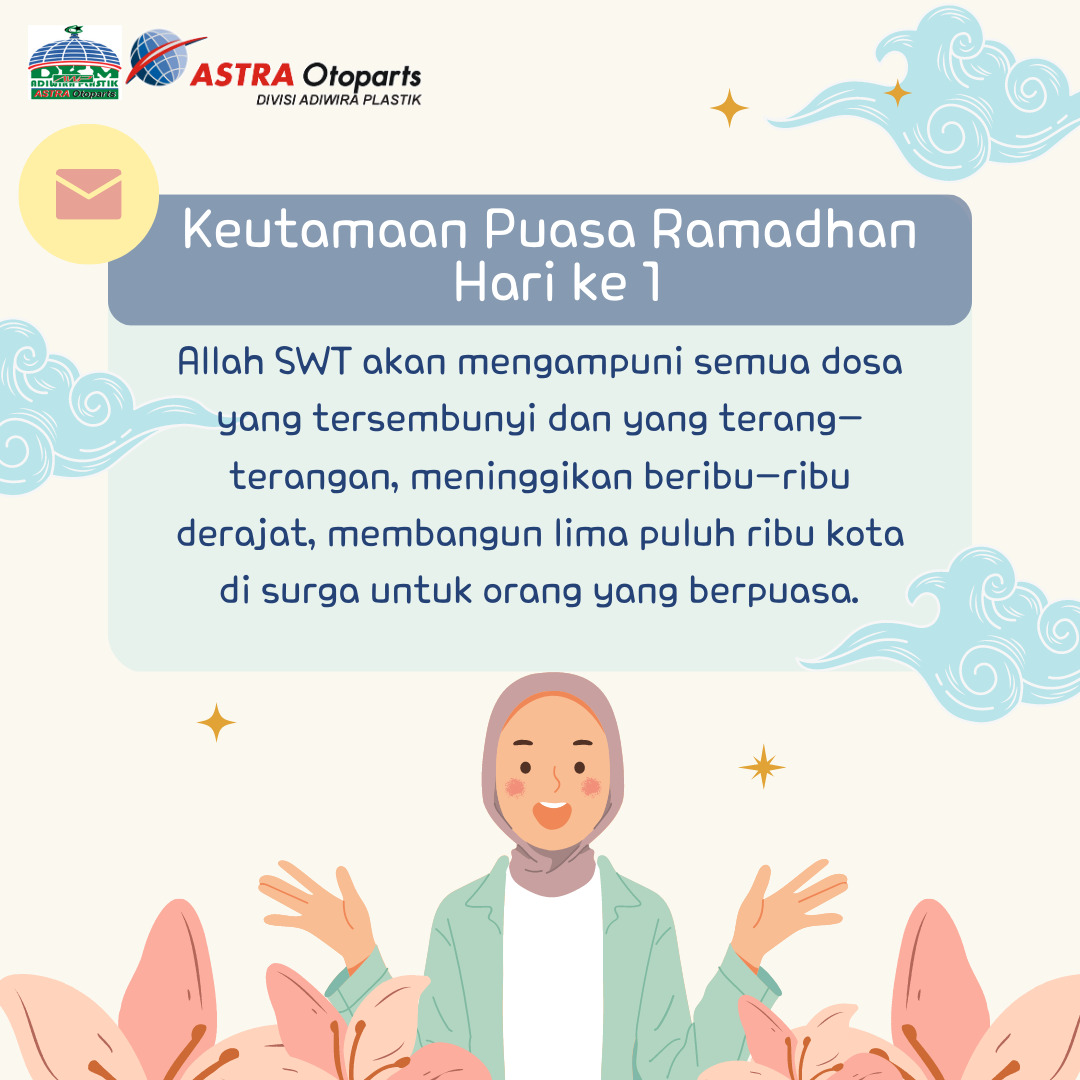Hari ke-1:  Allah SWT akan mengampuni semua dosa yang tersembunyi dan yang terang-terangan, meninggikan beribu-ribu derajat, membangun lima puluh ribu kota di surga untuk orang yang berpuasa.