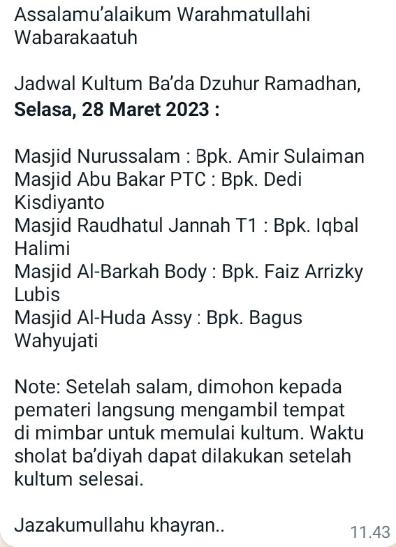 Jadwal kajian Ba'da Dzuhur