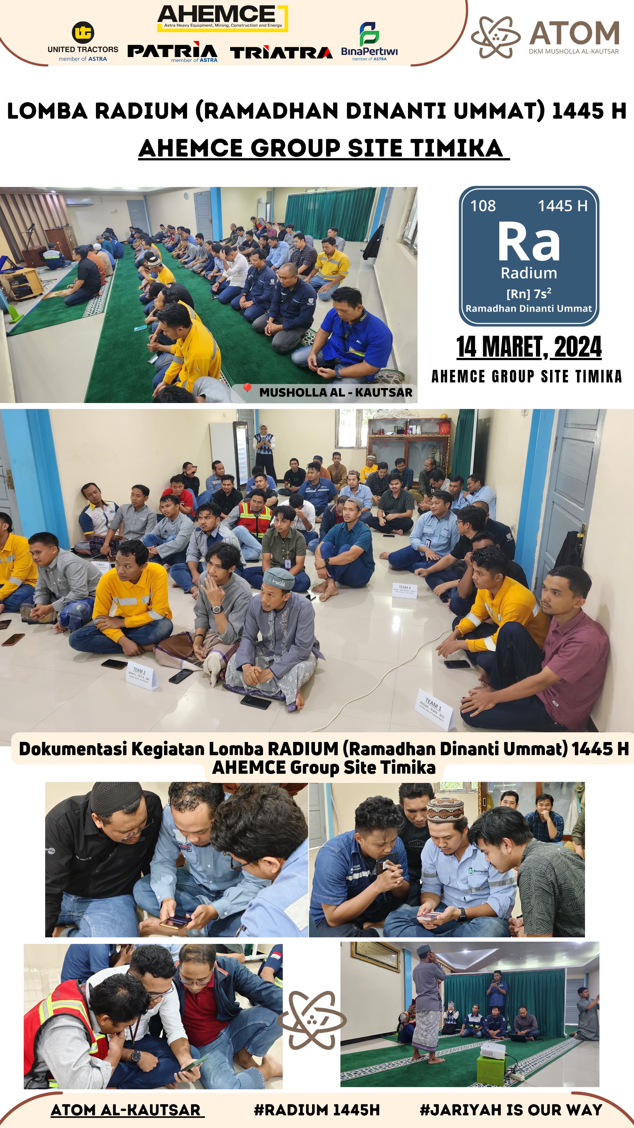 Ramadan adalah bulan penuh berkah yang selalu dinantikan umat Islam di seluruh dunia. DKM Al-Kautsar dengan bangga menghadirkan Program RADIUM (Ramadhan di Nanti Umat), sebuah inisiatif yang bertema berkumpul dalam ketaatan dan berbagi kebaikan. Dalam program ini, kami mengadakan serangkaian kegiatan perlombaan yang bertujuan untuk mempererat ukhuwah dan meningkatkan pengetahuan serta kecintaan umat terhadap agama Islam. Salah satu kegiatan unggulan kami adalah Kuis Ramadhan yang diikuti oleh 11 tim, masing-masing terdiri dari 3 orang, yang akan berkompetisi selama sebulan penuh.