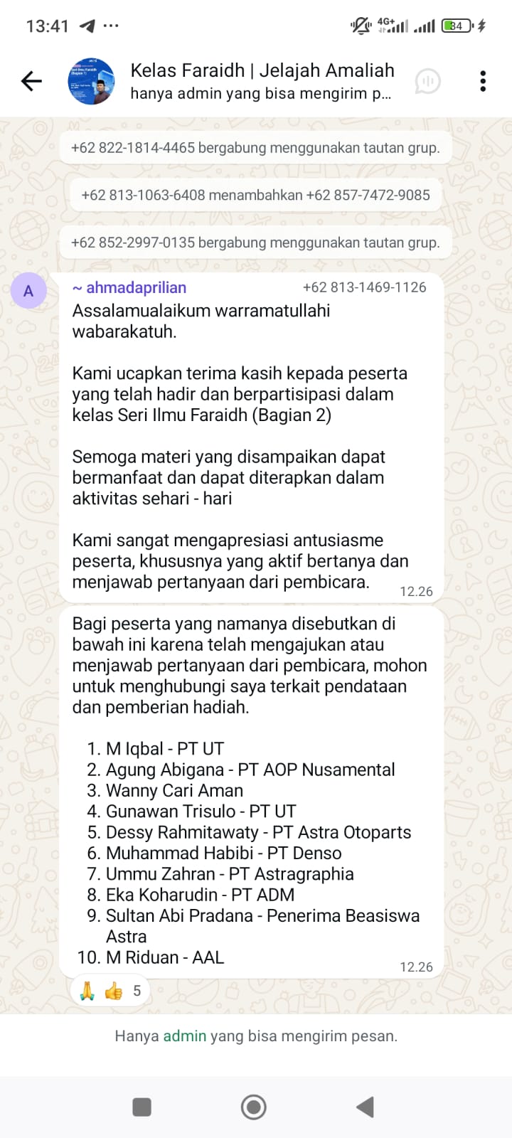 Apresiasi atas pertanyaan yang diajukan pada seminar Warisan